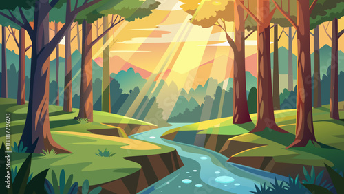 Sunlit forest stream Vector