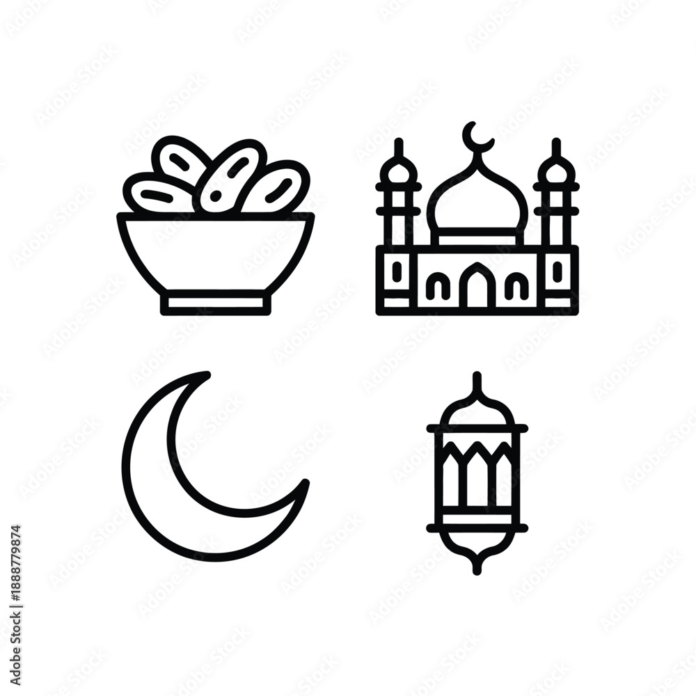 Obraz premium Minimalist Islamic Line Set Featuring a Bowl of Dates, Mosque, Crescent Moon, and Lantern