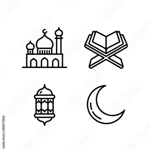 Four Minimalist Line of Mosque, Quran, Lantern, and Crescent Moon
