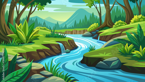 Serene forest river scene Vector