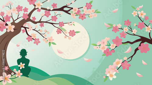 Serene night under cherry blossoms Vector