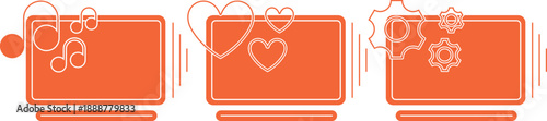 Televisions and computers, monitors with settings and audio music. Touch screens with setup instructions, hearts, and musical notes. Vector orange technology icons.