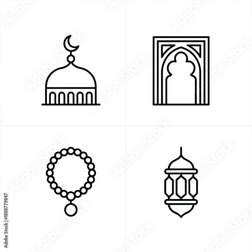 Four Minimalist Ramadan Symbols Including Mosque Dome, Prayer Beads, Lantern, and Archway