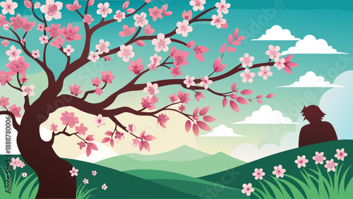 Cherry blossom tree in serene landscape Vector