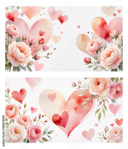 Watercolor floral hearts romantic background for Valentine’s Day cards, wedding invitations and love branding.