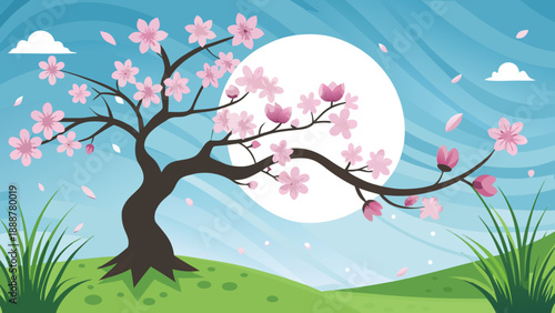 Cherry blossom tree under full moon Vector