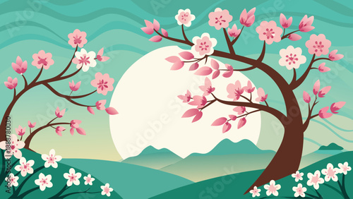 Cherry blossoms under full moon Vector