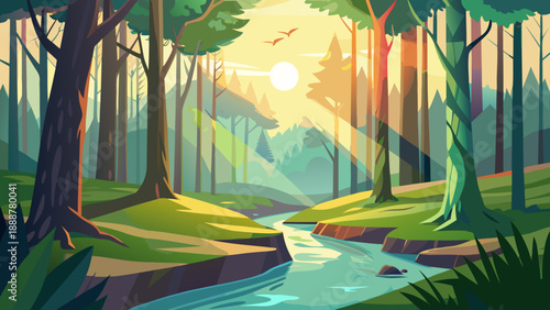 Serene forest stream at sunrise Vector