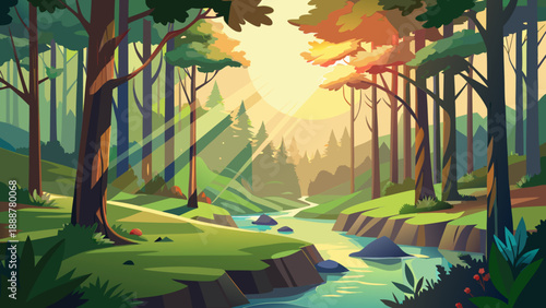 Serene forest stream at sunrise Vector
