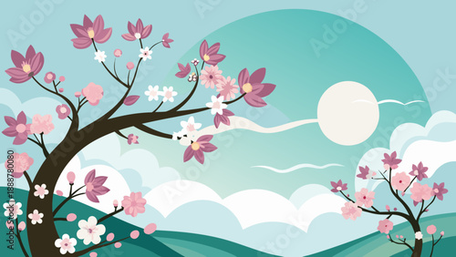Cherry blossoms under a full moon Vector