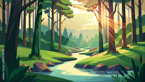 Serene forest stream at dawn Vector