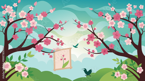 Cherry blossom tree in spring landscape Vector