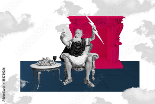 Fotografi 3d sketch poster trend collage image of happy old man cesare hold lightning sit