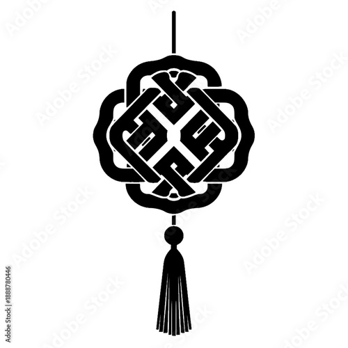 Chinese lucky knot icon vector with tassel, black and white minimalist silhouette for feng shui and prosperity concept