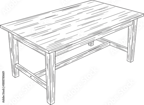 Wooden table line drawing illustration, simple furniture sketch, hand drawn style dining or work table vector isolated on WHITE BACKGROUND