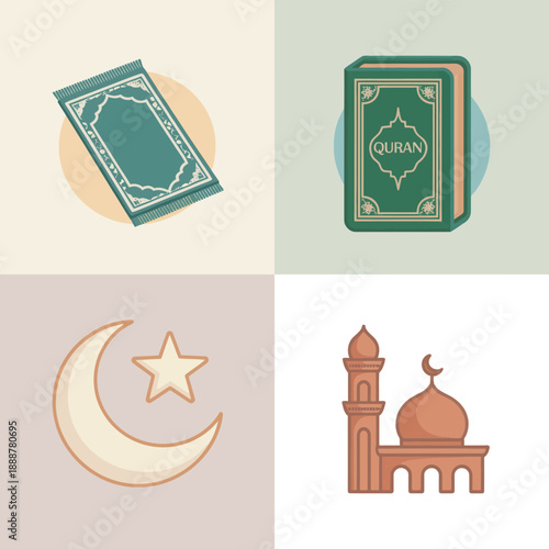 Four Islamic Symbols Including Quran, Mosque, Crescent Moon, and Star