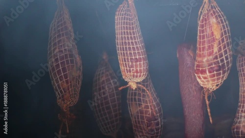 Smoking and curing meat using traditional methods in smokehouse.