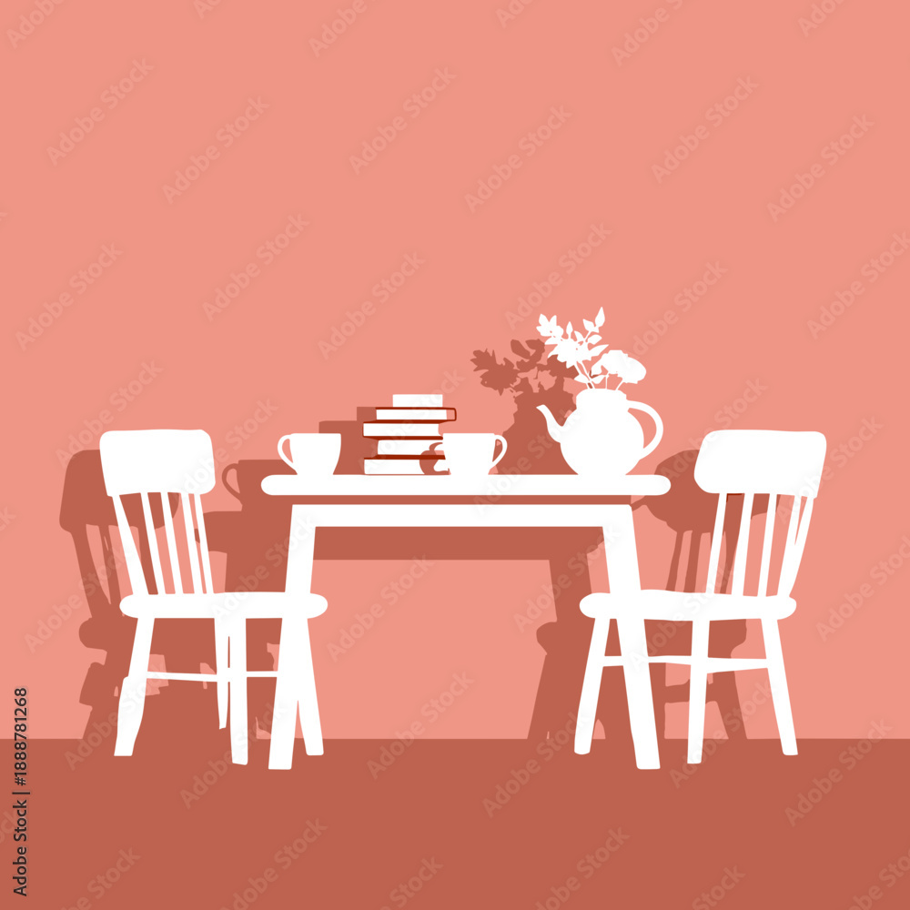 Obraz premium Minimal dining table with chairs books cups and teapot creating calm cozy home date atmosphere on coral background