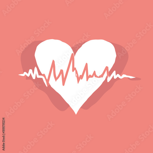 White heart with heartbeat waveform symbolizing emotional intensity and living love on soft coral background
