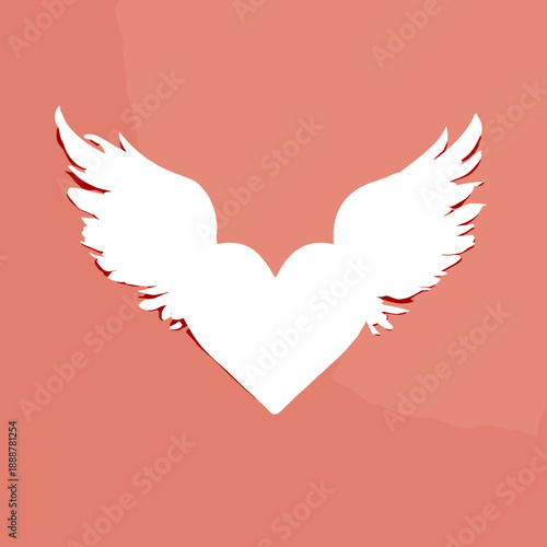 Minimal white heart with wings symbolizing freedom love and uplifting romantic feeling on soft coral background