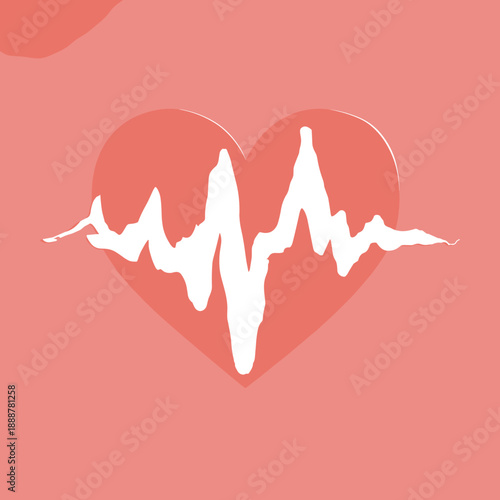 Red heart with white heartbeat line symbolizing love health and emotional rhythm on coral background