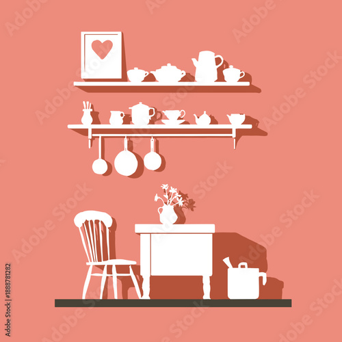 Minimal kitchen interior with shelves cups table and chair creating cozy home lifestyle scene on coral background