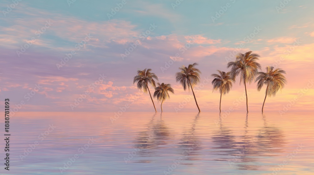Obraz premium Palm trees on water during sunset with colorful sky reflecting