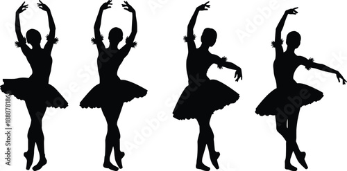 Ballet dancer silhouette, tutu pose illustration, black vector art, graceful movement, classical ballet form, elegant performance, flavector