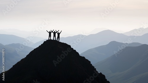 Three people silhouettes standing on a mountain peak with arms raised, celebrating overcoming challenges and reaching an important goal