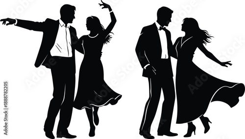 Ballroom dance couple silhouette, elegant partner poses, black vector illustration, formal movement, expressive rhythm, celebration scene, flavector