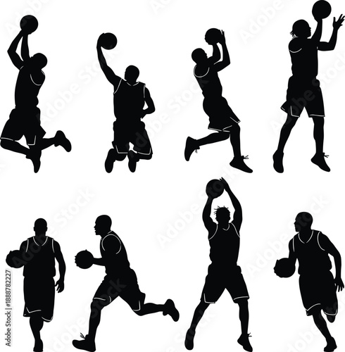 Basketball silhouette, dynamic poses, slam dunk, dribbling action, player motion, black vector, sports theme, athletic movement, jump shot, game stance