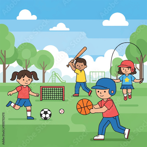 Children engaging in soccer and basketball in a sunny park with kids playing outdoors.