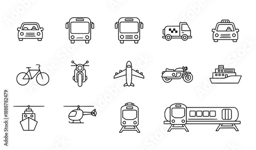 Transport icons vector set with editable stroke modern vehicle outline symbols for web app and UI design