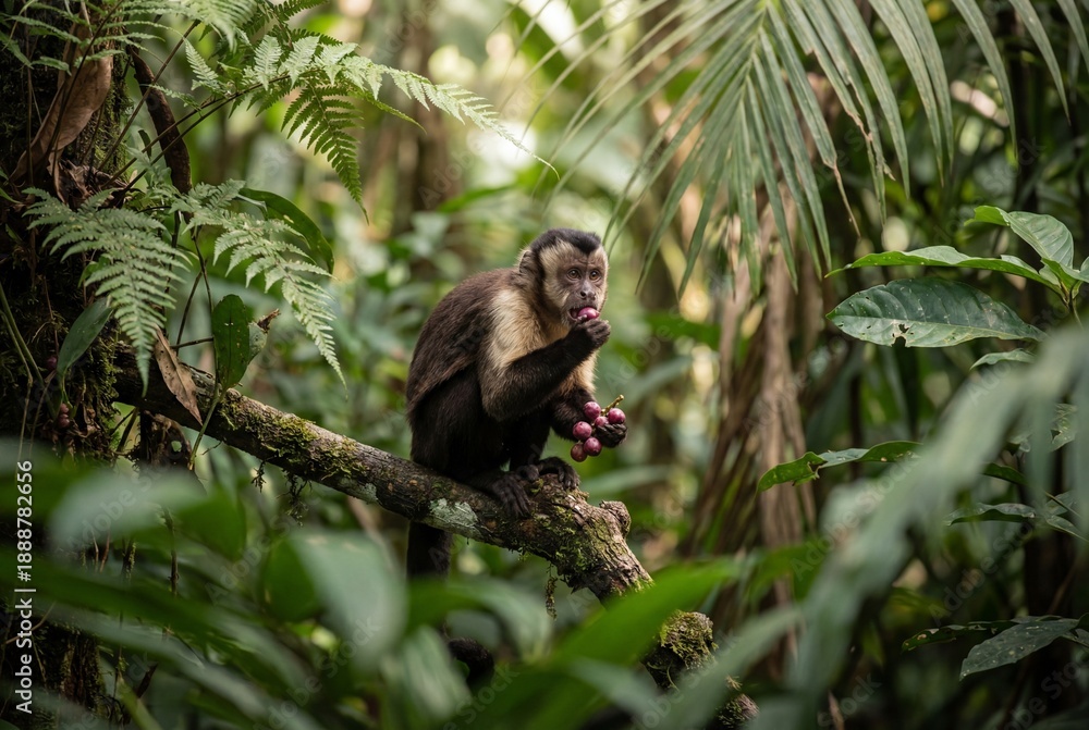 Fototapeta premium Capuchin monkey eating fruits on a branch in dense tropical jungle
