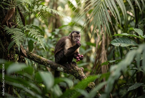 Capuchin monkey eating fruits on a branch in dense tropical jungle © Meow Creations
