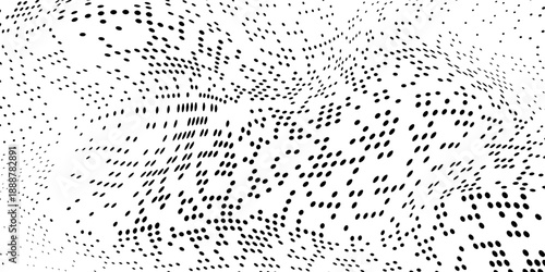 Black halftone wave background. Abstract grainy fluid texture. Dotted curved dot flow wallpaper. Grit swoosh overlay element for poster, banner, brochure, flyer, leaflet, template. Vector backdrop