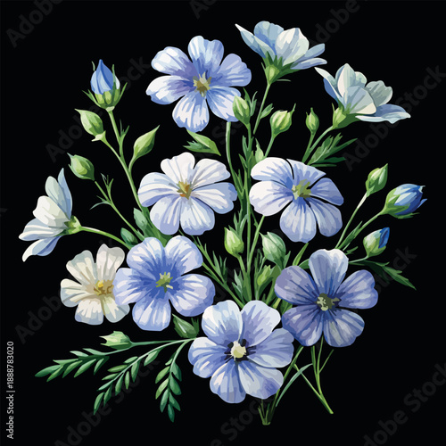 Linseed Botanical Floral Watercolor Vector Illustration on Black Background