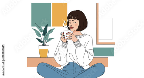 A tranquil woman with closed eyes savors a steaming cup of coffee or tea, embracing a moment of calm and self-care in a cozy, modern minimalist setting