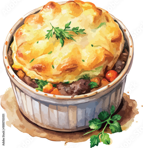 Classic Shepherds Pie Hand Painted Watercolor Illustration