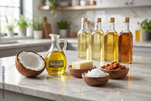 Cooking oils and ingredients on marble kitchen counter