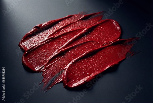 Vibrant red lip cream smear on dark background in studio © Meow Creations
