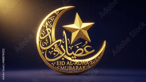 Golden crescent and star with elegant Eid Al-Adha Mubarak Arabic calligraphy design for Islamic
