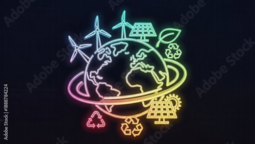 Vibrant neon illustration of global green energy and environmental sustainability commitment