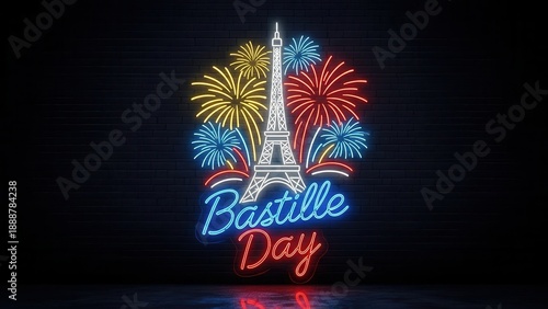 Vibrant neon Eiffel Tower with fireworks celebrating Bastille Day in Paris France