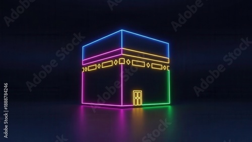 Abstract neon glow art depicting a sacred cubic structure with vibrant light lines against a dark