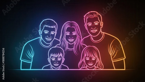 Vibrant neon outline illustration of a smiling family of five, radiating joyful energy in a modern