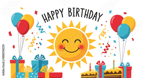 Vibrant cartoon illustration featuring a cheerful sun mascot celebrating a birthday with colorful balloons, wrapped presents, and a delightful cake, perfect for invitations or greeting cards
