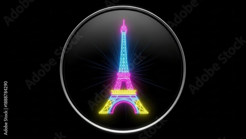 Vibrant neon eiffel tower illustration in a glossy circular frame on a dark background showcasing
