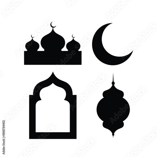 Minimalist black and white Islamic architectural symbols and crescent moon