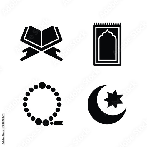Four Minimalist Islamic Symbols in Black and White Silhouette